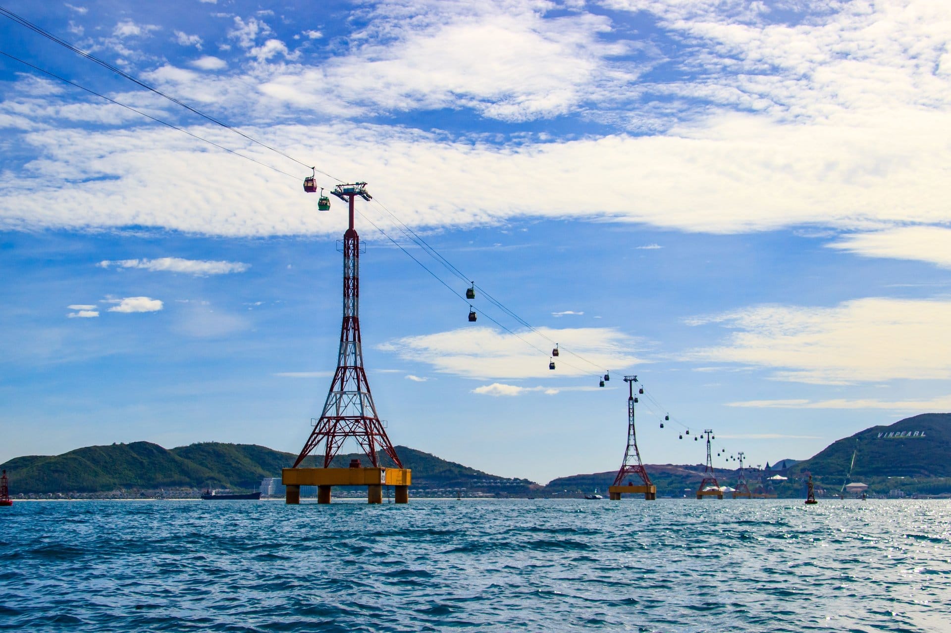 Vinpearl cable car crossing the sea over Hon Tre island in Nha Trang.