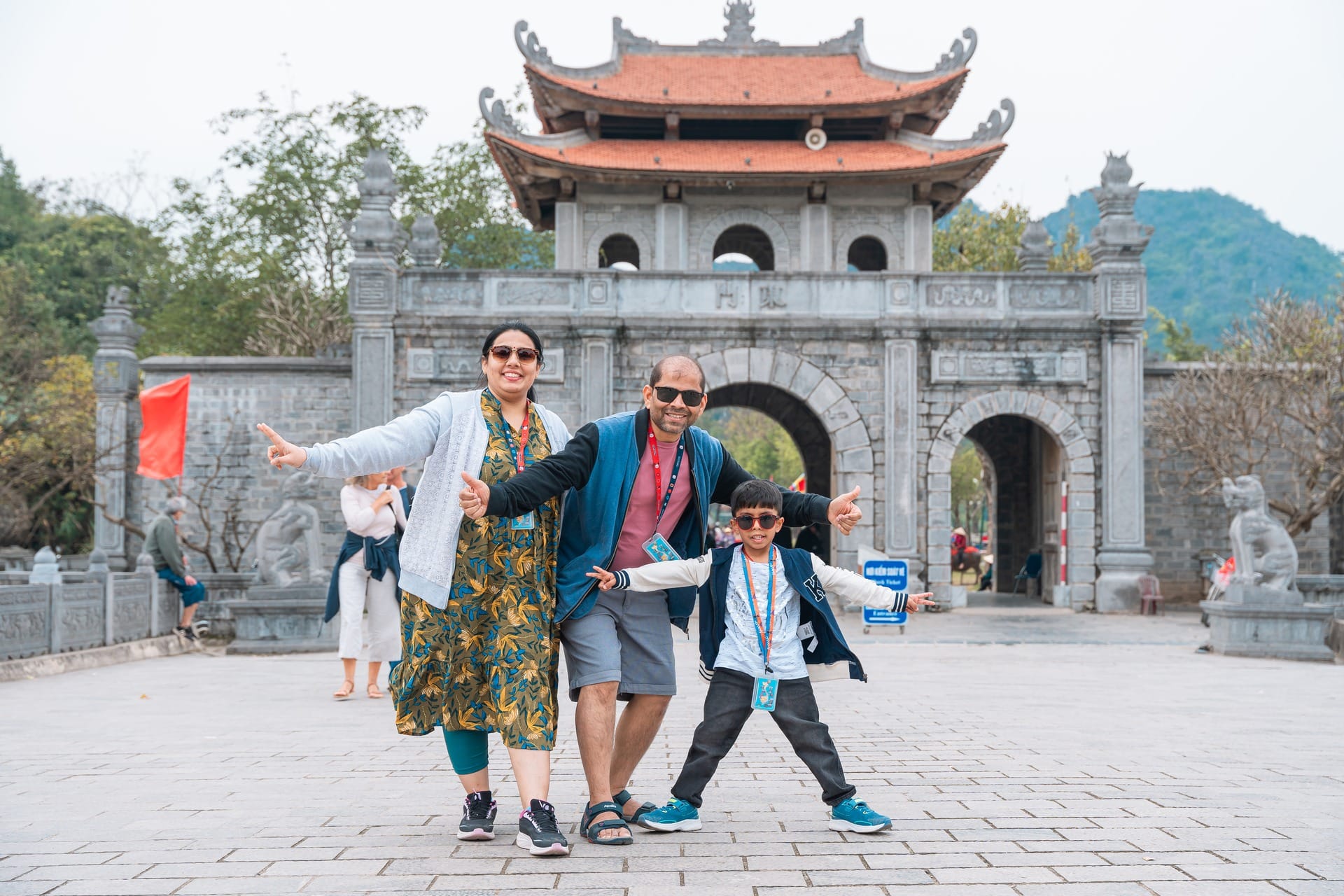 Meetup's tourists posing at Hoa Lu Ancient Capital gate in Ninh Binh, Vietnam.