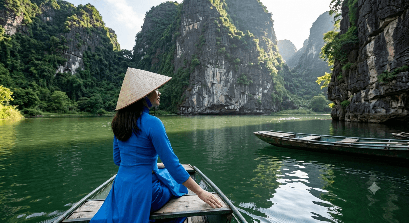 Small rowing boat passing through a narrow limestone cave tunnel on the Trang An river route