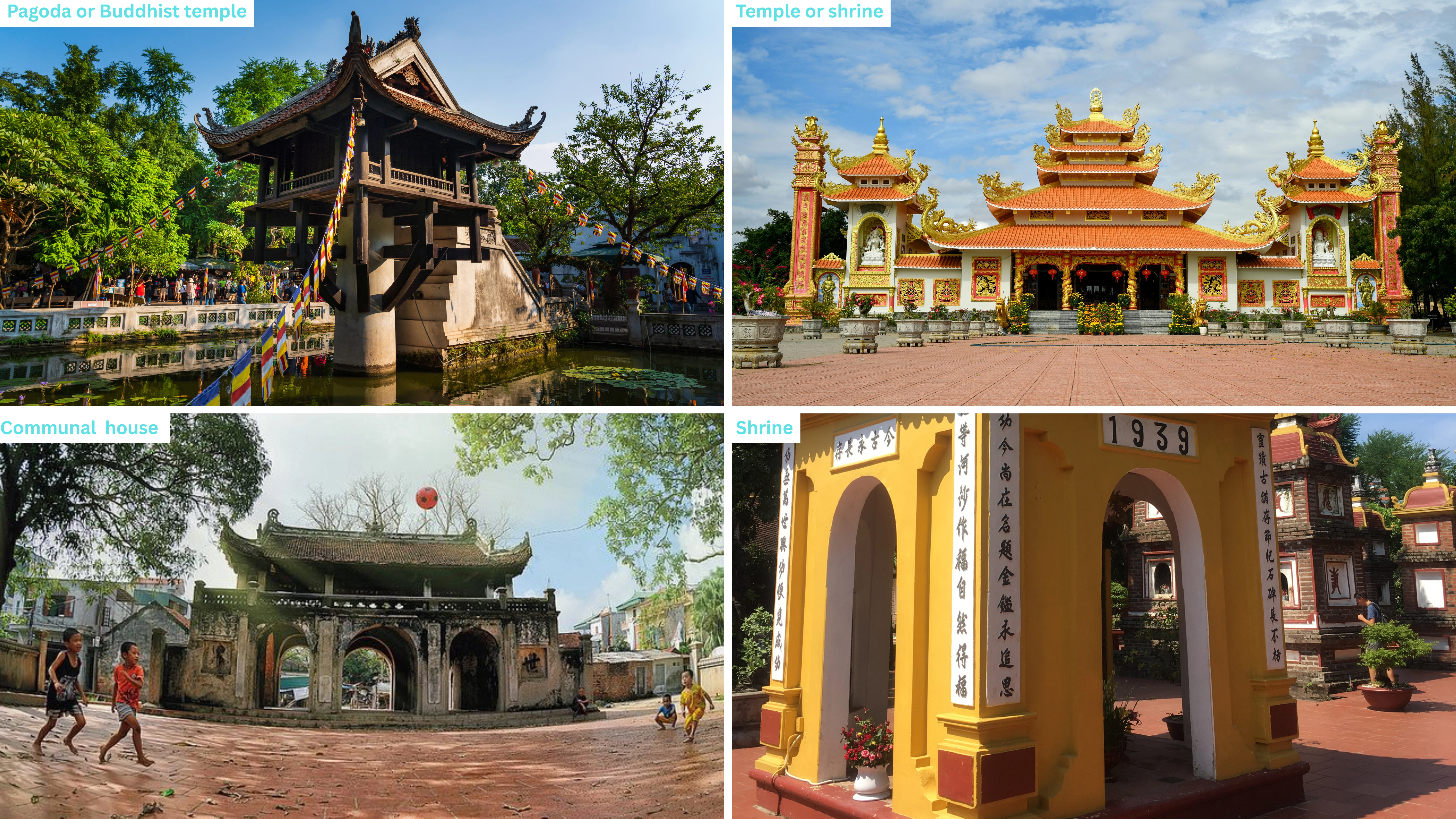 Four types of Vietnamese spiritual architecture including Buddhist pagoda, temple shrine, village communal house, and local shrine.