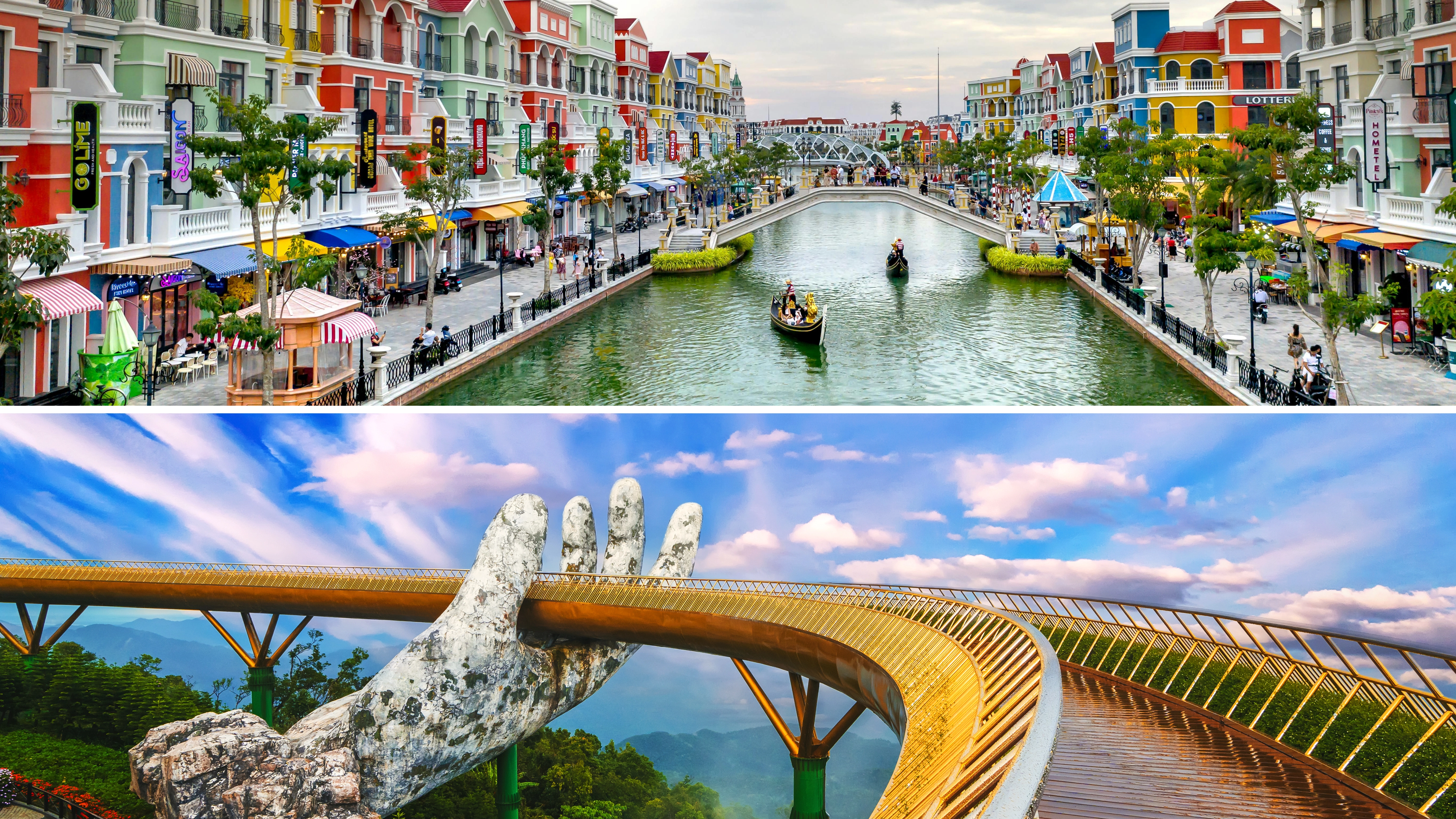 Modern Vietnam travel attractions showing gondola rides in Phu Quoc Venice and Golden Bridge at Ba Na Hills Da Nang.