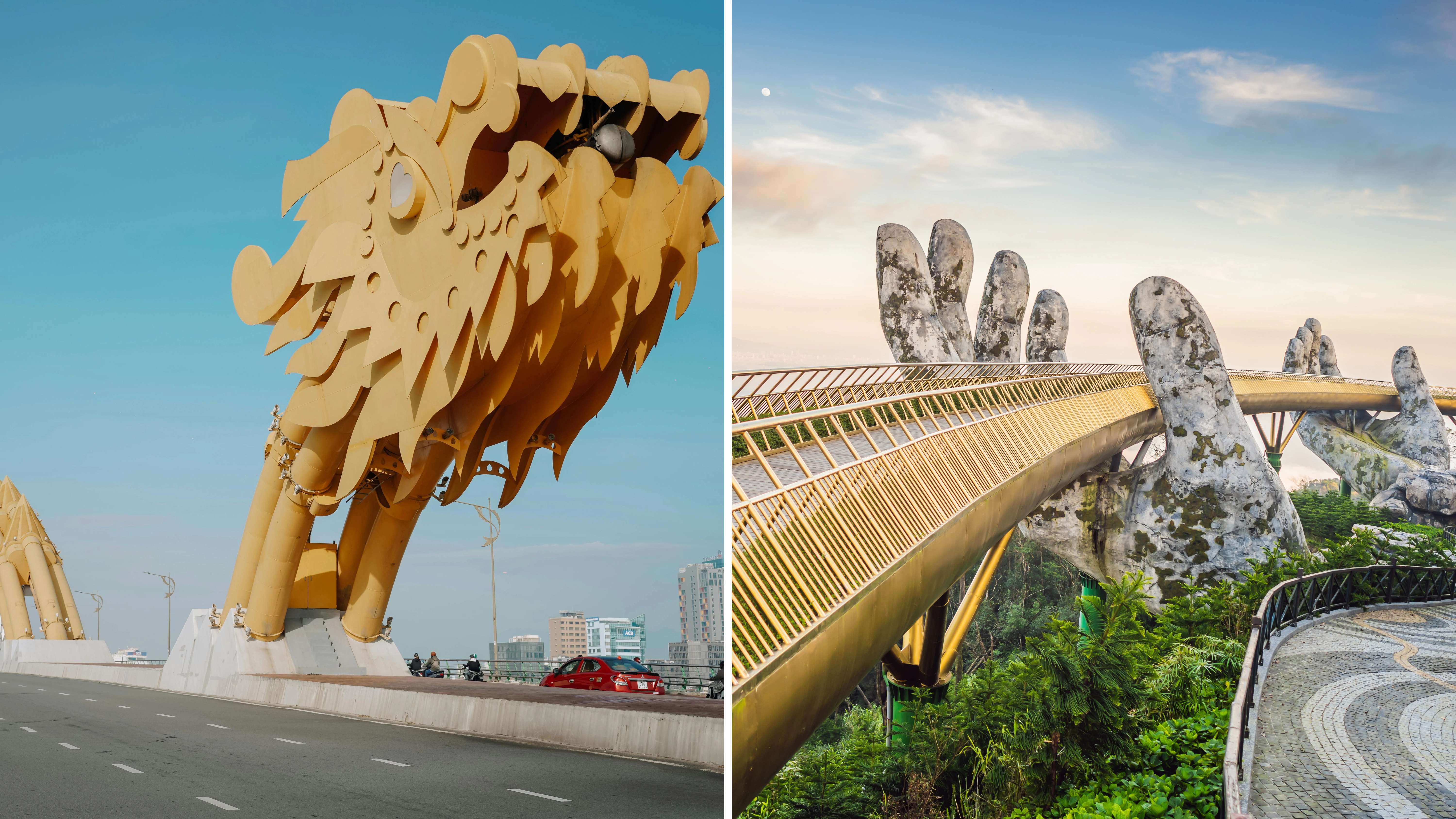 Famous landmarks of Da Nang featuring Dragon Bridge and the Golden Bridge at Ba Na Hills.