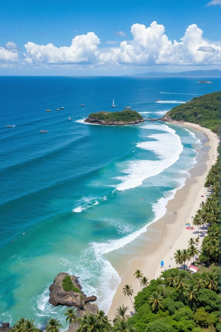Aerial view of a curving sandy bay and headland at Vung Tau