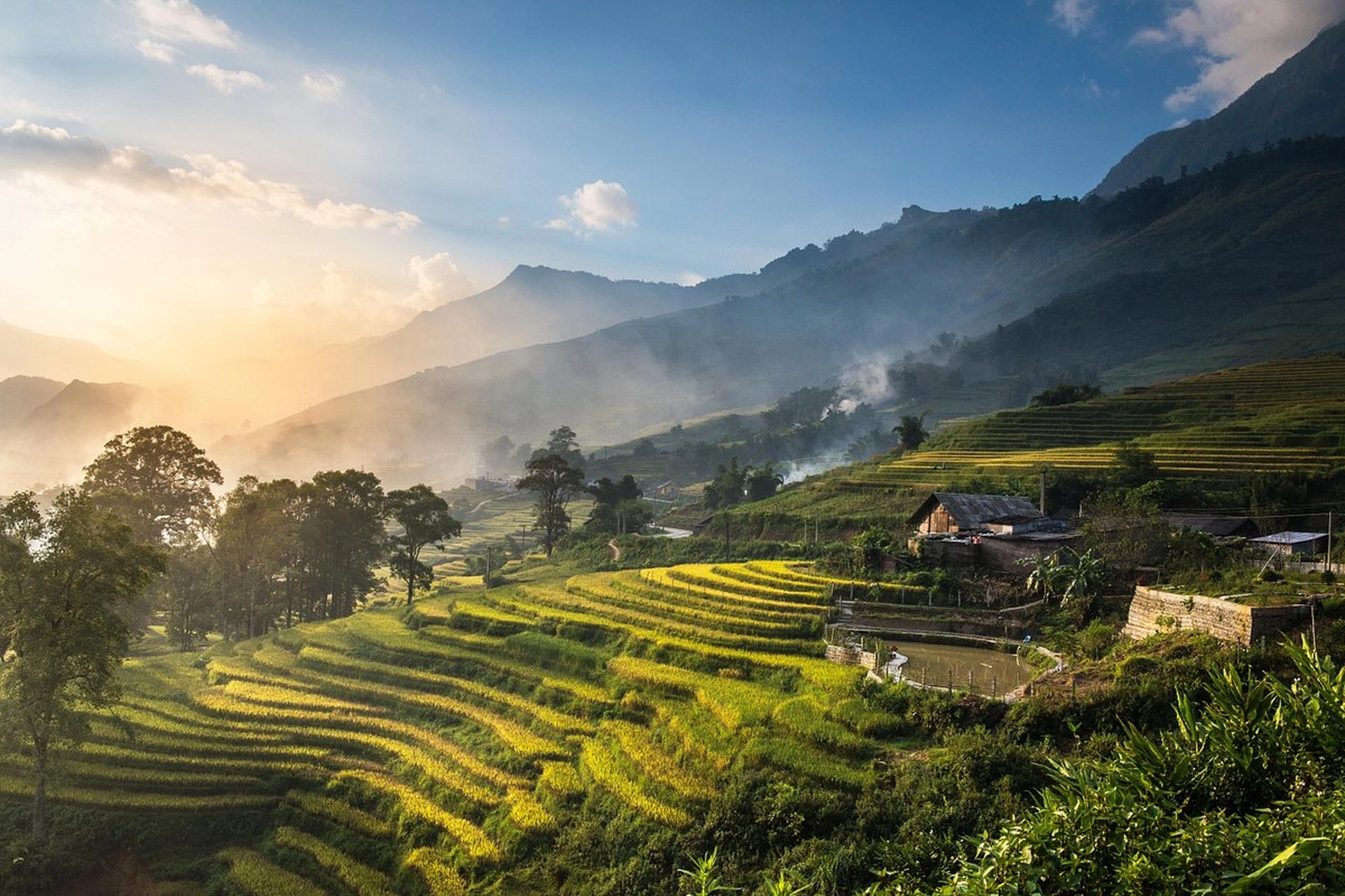 Green rice terraces and stilt houses in Sapa