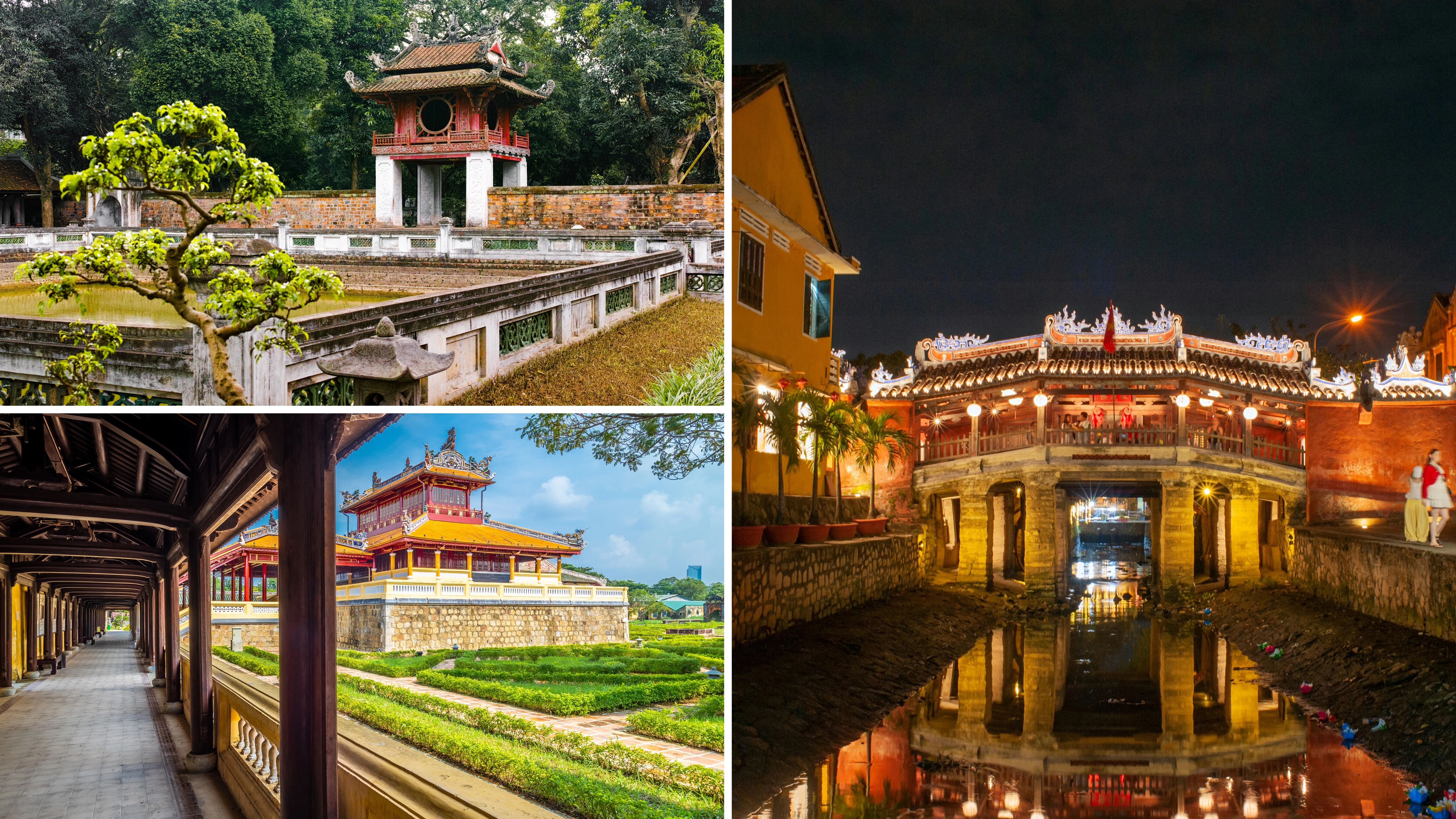 Vietnam heritage itinerary map featuring Temple of Literature in Hanoi, Imperial City in Hue, and Japanese Covered Bridge in Hoi An.