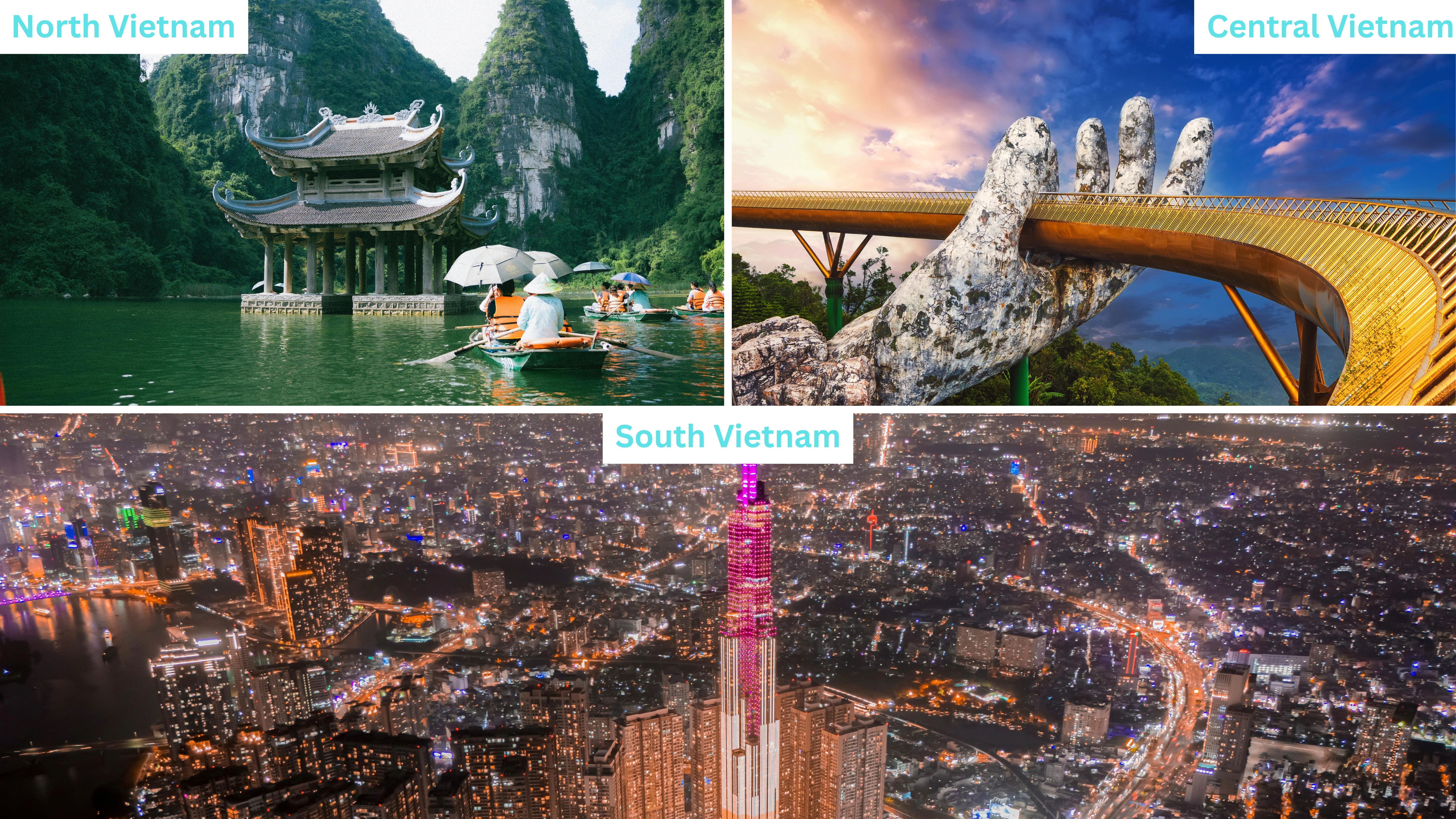 Karst waterways in the north, mountain peaks in the centre, city lights in the south: three regions, three climates.