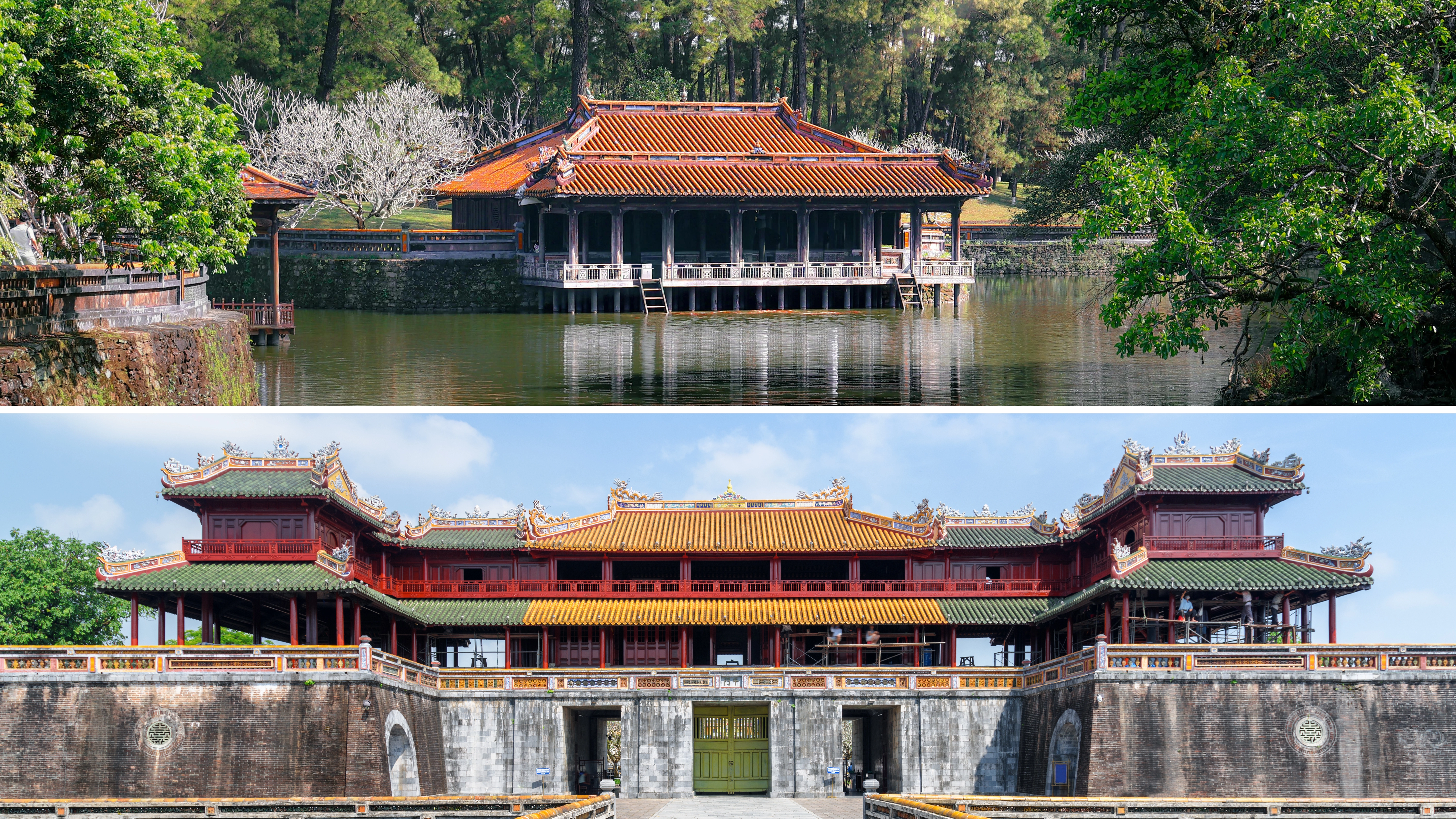 Historic royal architecture of Hue Imperial Citadel featuring Tu Duc Tomb lake house and Ngo Mon Gate.