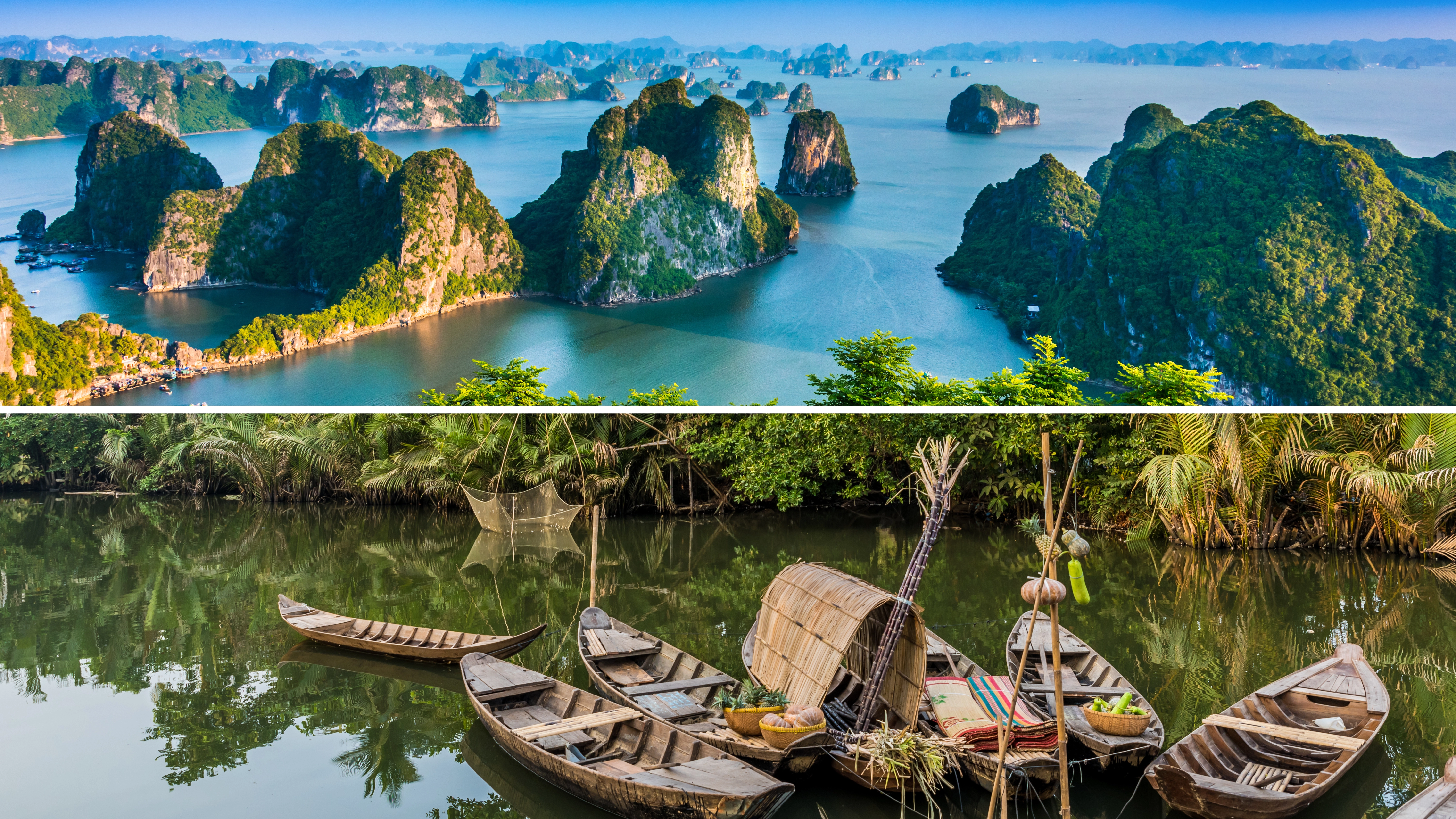 Panoramas of Ha Long Bay limestone islands in Northern Vietnam and traditional wooden sampan boats in the Mekong Delta.