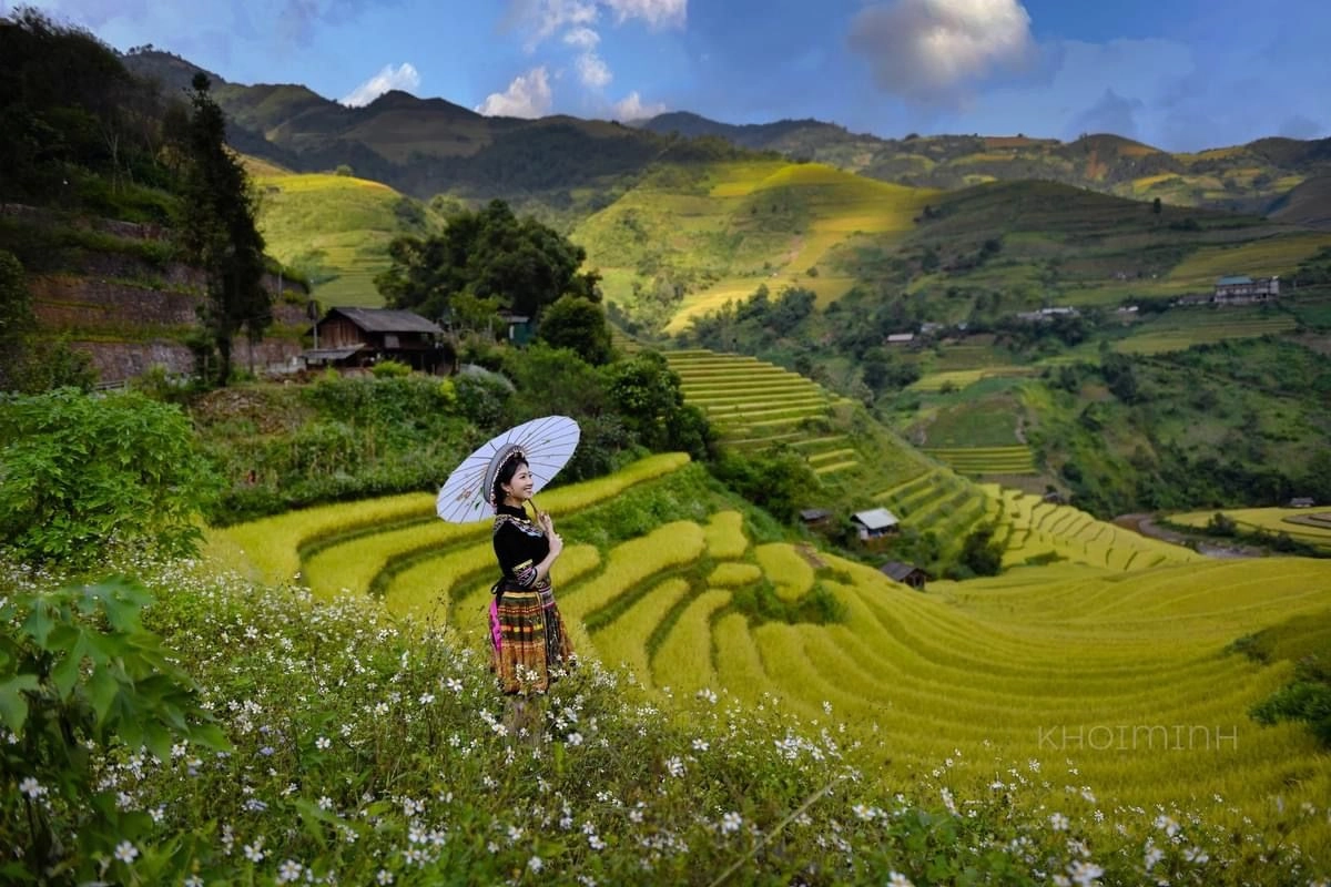 Tourist in traditional dress at Hoang Su Phi rice terraces Ha Giang