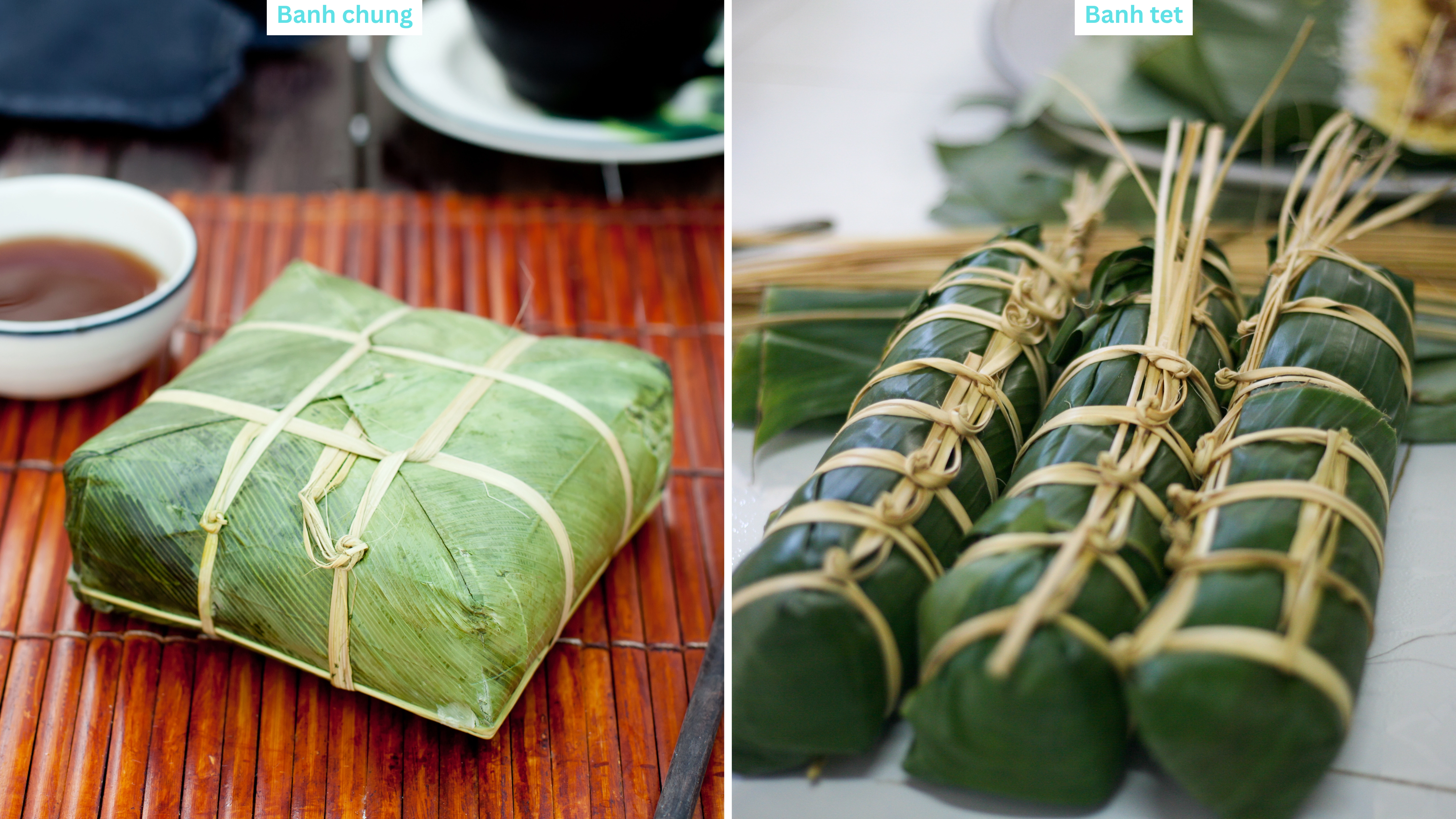 Traditional Vietnamese Banh Chung and Banh Tet sticky rice cakes wrapped in banana leaves for Tet Holiday.