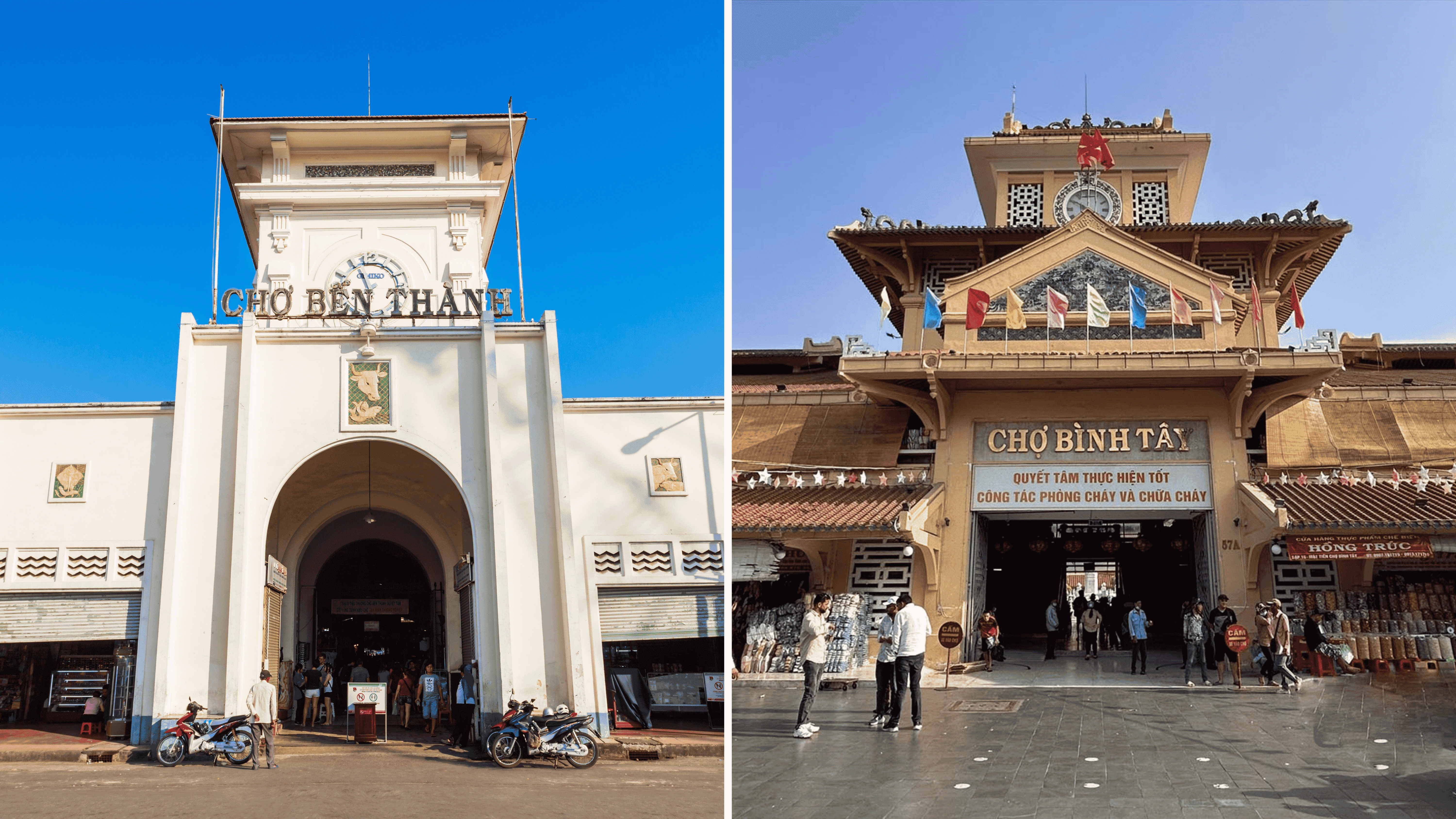 Historic entrances of Ben Thanh Market in District 1 and Binh Tay Market in Cho Lon, Ho Chi Minh City.