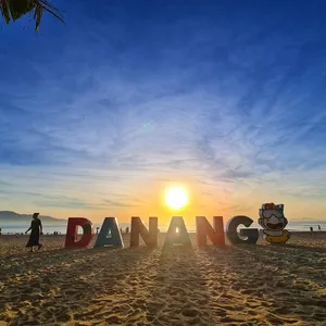 Sunrise over the ocean horizon at Da Nang beach Vietnam